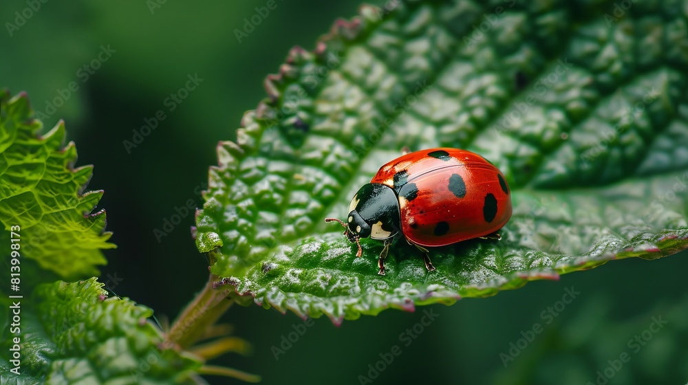 Obraz premium Cute ladybug on juicy green leaf . biodiversity
