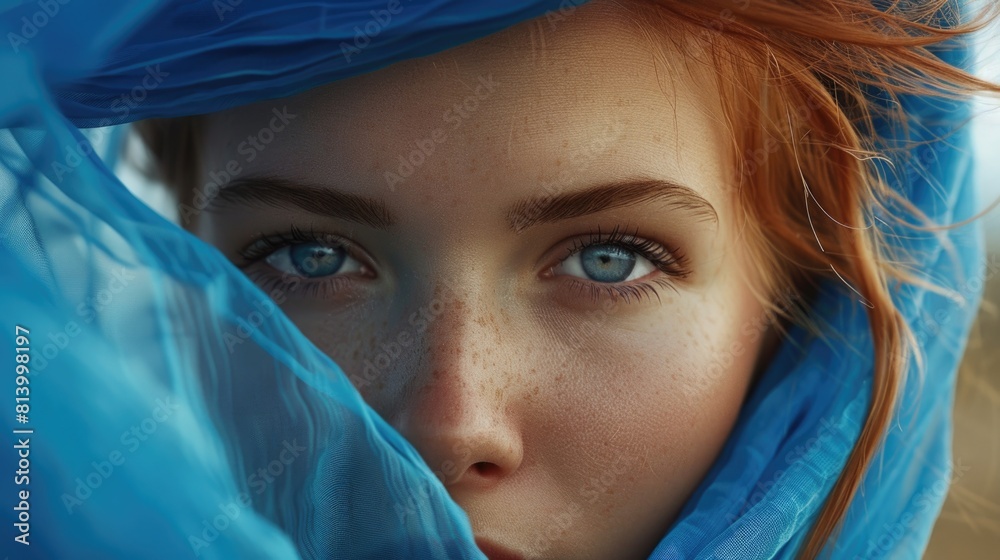 Close-up portrait of a woman wearing a blue scarf. Suitable for fashion or beauty concepts Close-up portrait of a woman wearing a blue scarf. Suitable for fashion or beauty concepts