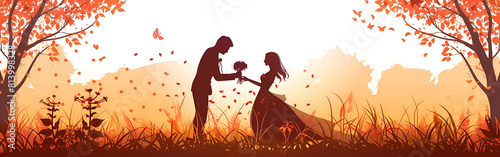 illustration of a couple in a autumn forest nature trees on isolated background