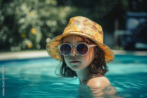 Sunny Summer cute girl pool. Fashion hotel. Generate Ai photo