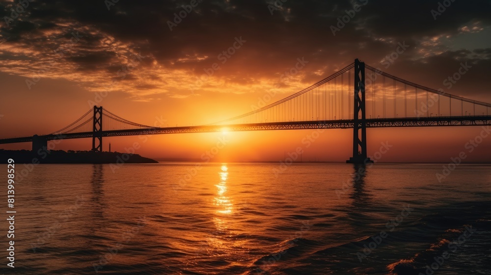 Golden Gate Bridge at Sunset, Iconic Silhouette Against Fiery Sky Golden Gate Bridge at Sunset, Iconic Silhouette Against Fiery Sky