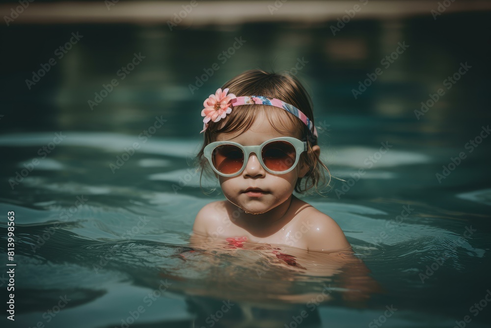 Naklejka premium Sunny Summer girl swim. Water vacation. Generate Ai