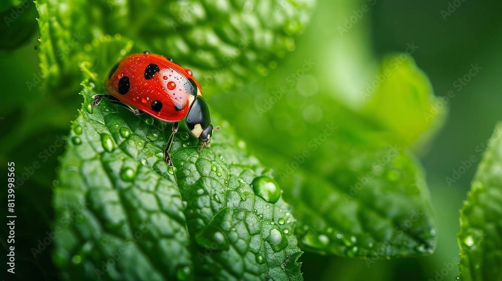Cute ladybug on juicy green leaf . biodiversity Cute ladybug on juicy green leaf . biodiversity