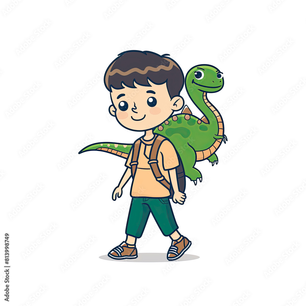 A Cartoon Character With A Green Dinosaur, Cartoon Illustration A Cartoon Character With A Green Dinosaur, Cartoon Illustration