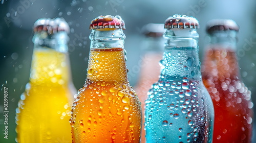 Colorful cold beverages with droplets on the glass bottles