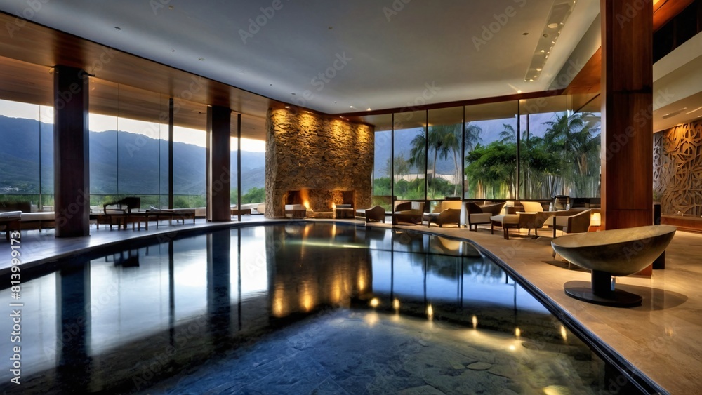 hotel lobby that combines contemporary design with Zen principles, featuring minimalist furnishings, natural hotel lobby that combines contemporary design with Zen principles, featuring minimalist furnishings, natural