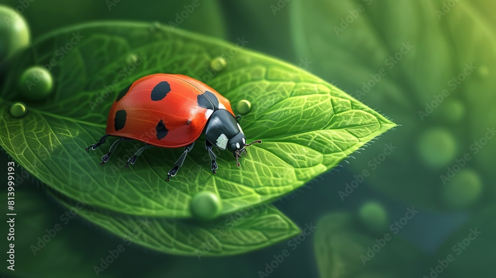 Fototapeta premium Cute ladybug on juicy green leaf . biodiversity