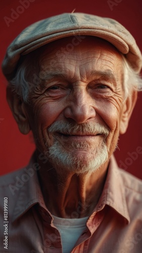 Gray-haired elderly man in stylish club clothes on a red background. © Sahaidachnyi Roman