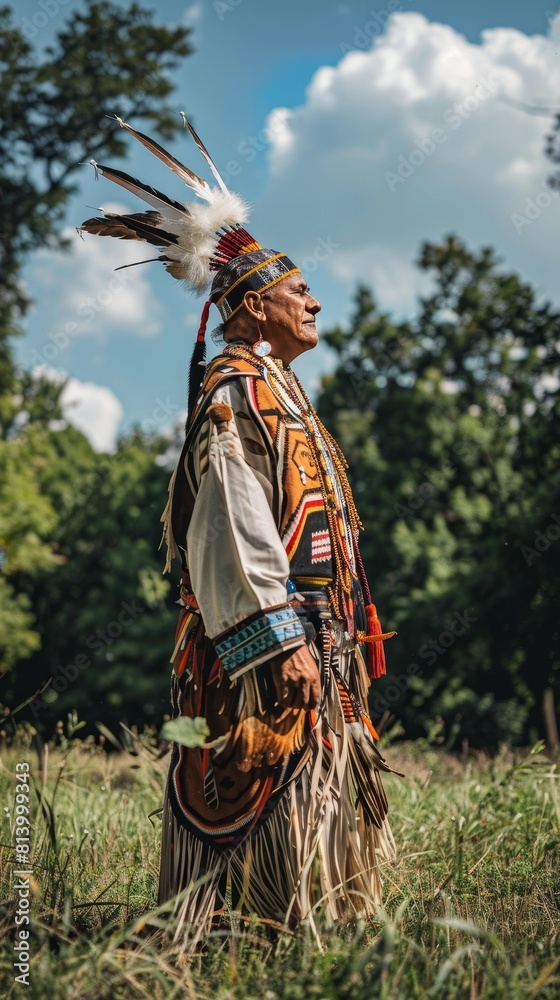 An indigenous graduate in traditional regalia posing with family, heritage, respect for cultures, outdoor natural lighting, profile shot with tribal attire details, An indigenous graduate in traditional regalia posing with family, heritage, respect for cultures, outdoor natural lighting, profile shot with tribal attire details,