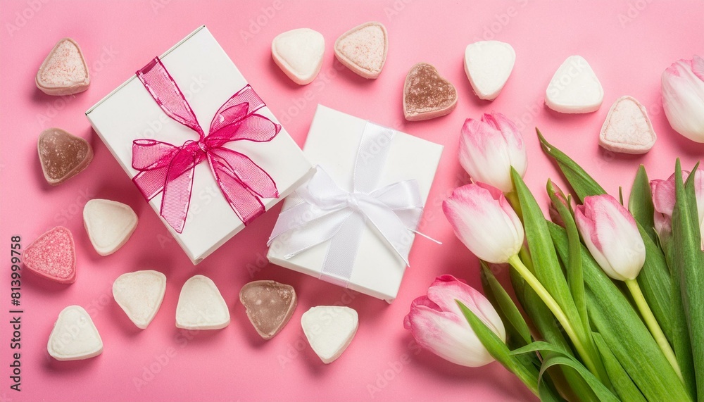 Mother's Day concept. Two gift boxes, tulips and candies on a pink background Mother's Day concept. Two gift boxes, tulips and candies on a pink background