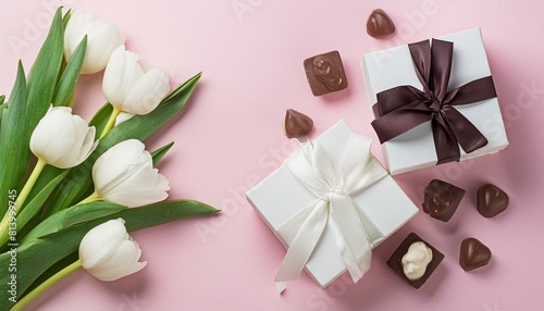 Mother s Day concept. Two gift boxes  tulips and candies on a pink background
