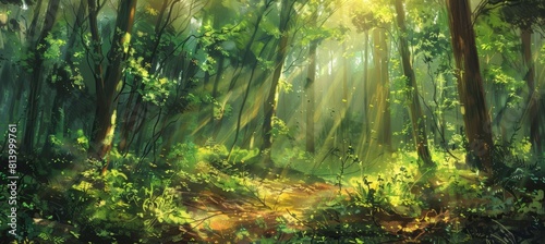 A panoramic view of the forest  with sunlight filtering through tall trees and illuminating green leaves on the ground covered in rich soil  creating an enchanting atmosphere Generative AI