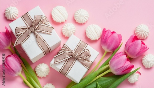 Mother's Day concept. Two gift boxes, tulips and candies on a pink background