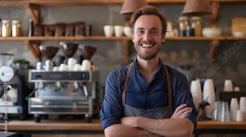 Portrait of a young male barista standing in a cafeteria with crossed arms