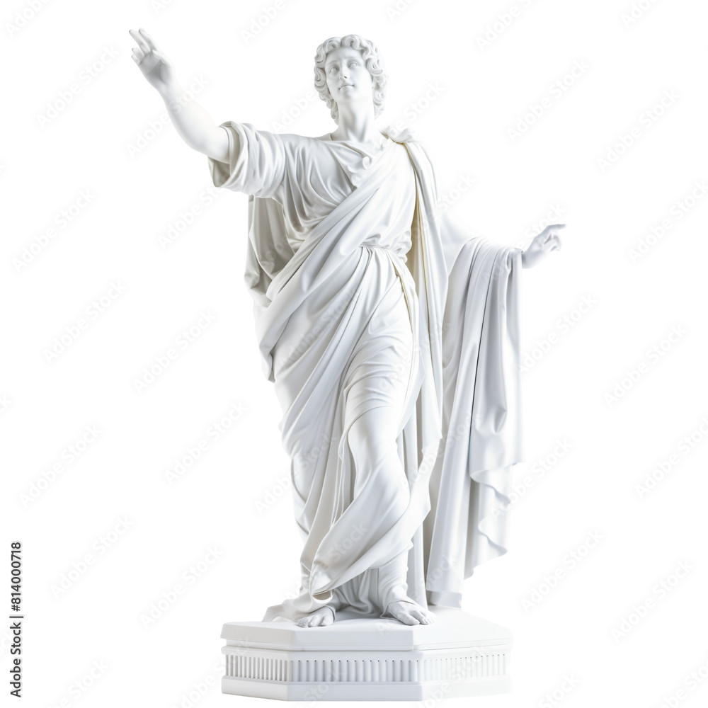 A white statue of a man with his arms outstretched, isolated on white background