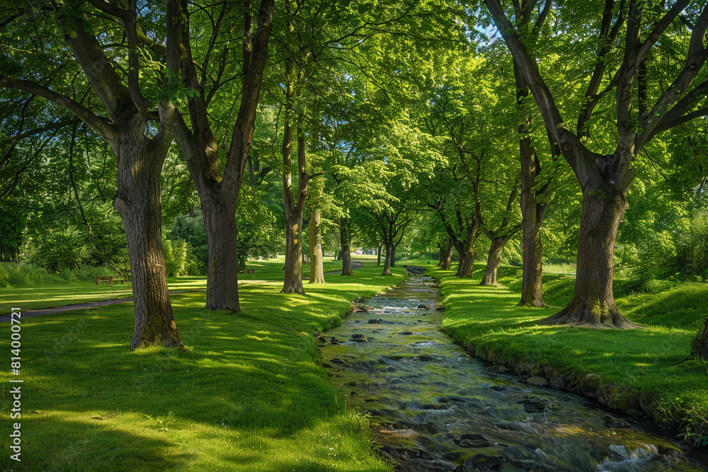 lush tree-lined park next to a flowing creek lush tree-lined park next to a flowing creek