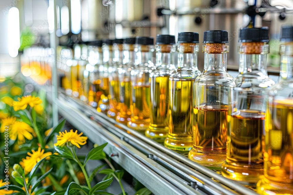 Sunlit essential oil bottles in production line Sunlit essential oil bottles in production line