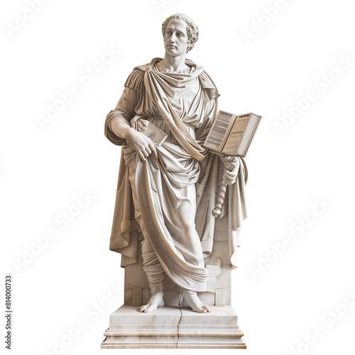 A statue of a man holding a book, isolated on white background