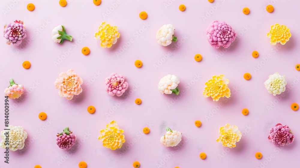Top view of colorful Cauliflower on pastel background, banner style, copy space, isolated Top view of colorful Cauliflower on pastel background, banner style, copy space, isolated