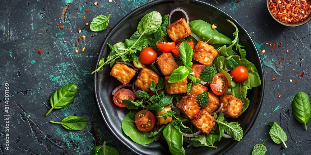 Fresh tofu salad with cherry tomatoes and spinach on dark background Fresh tofu salad with cherry tomatoes and spinach on dark background