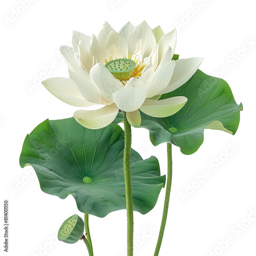 White lotus flower with green leaves isolated on transparent background.