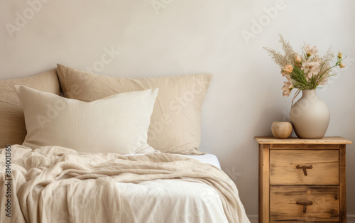 Close up of bed with beige pillows French country interior design of modern bedroom