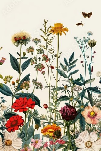 Painting of Flowers and Butterflies on White Background