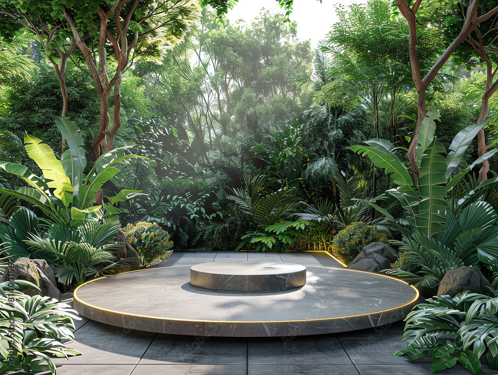 Showcase product podium in a lush garden front view highlighting natural elegance Advanced tone, Complementary Color Scheme. Showcase product podium in a lush garden front view highlighting natural elegance Advanced tone, Complementary Color Scheme.