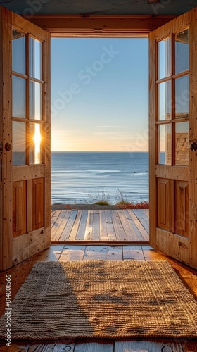 Hardwood double doors propped wide towards an ocean view