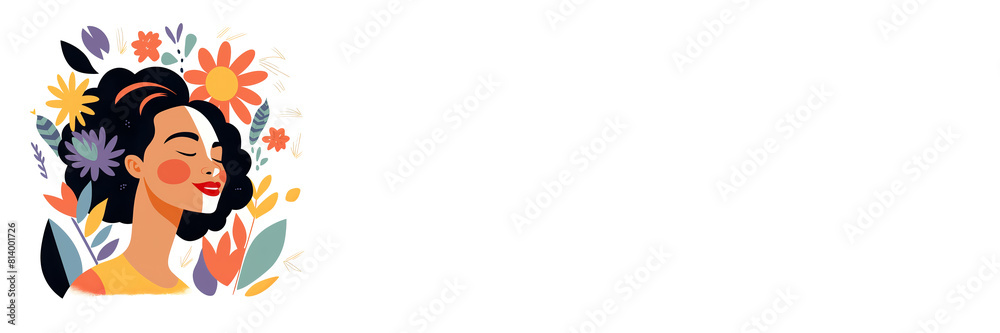 Woman's Portrait and Flowers on a White Backdrop. Woman's Day, Mother's Day background, banner Woman's Portrait and Flowers on a White Backdrop. Woman's Day, Mother's Day background, banner