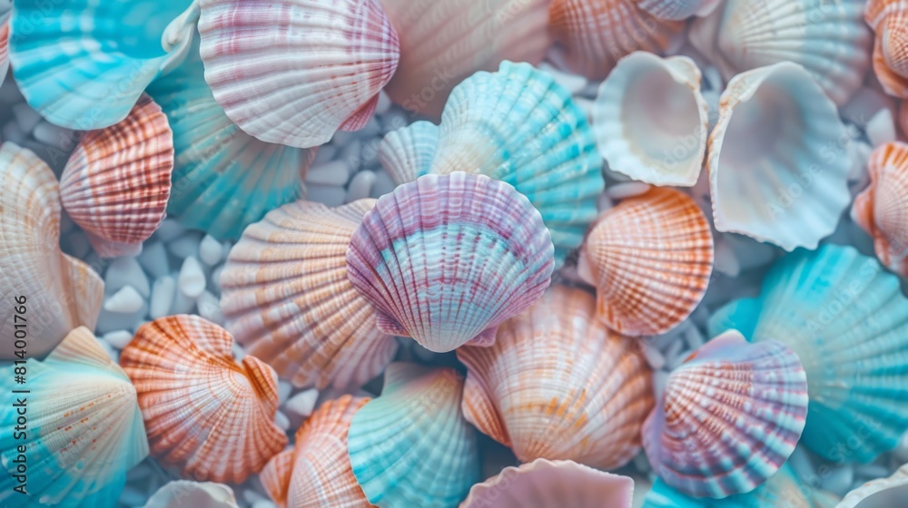 A collection of vibrant sea shells arranged symmetrically on a white surface, showcasing natural beauty and intricate patterns in electric blue, magenta, and other hues. High quality photo A collection of vibrant sea shells arranged symmetrically on a white surface, showcasing natural beauty and intricate patterns in electric blue, magenta, and other hues. High quality photo