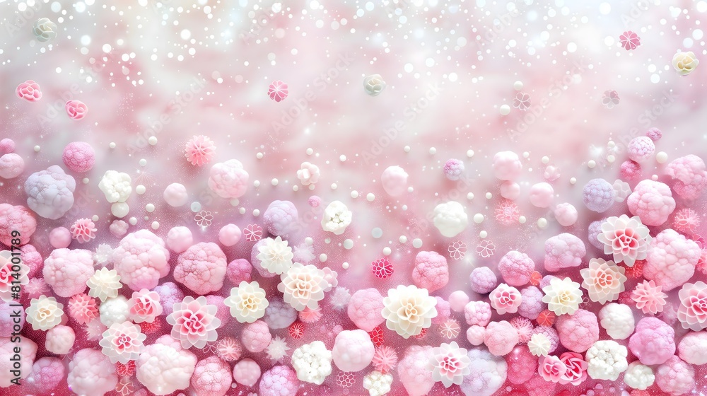 Top view of Cauliflower and flowers on pastel background, banner style, copy space, isolated