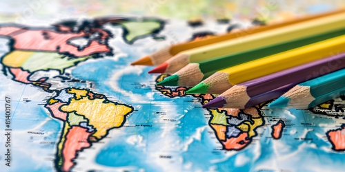 Color map of the world with pencils and various transport for travel 