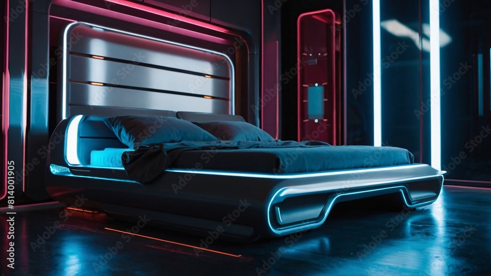 Naklejka premium hotel lobby with a futuristic vibe, featuring sleek, futuristic furniture designs, high-tech lighting installations, and reflective surfaces for a space-age ambiance.