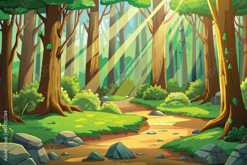 Beautiful forest with moss-covered soil and sunbeams through the trees,AI GENERATED