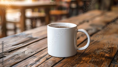 White blank coffee mug on a wooden table, ideal for branding and promotional drinkware mockups
