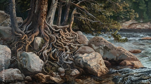 Along the riverbank  gnarled tree roots intertwine with rocks worn smooth by centuries of flowing water  creating a scene that speaks of resilience and endurance.