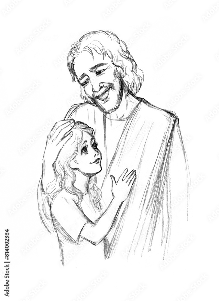Pencil drawing. Jesus hugging a child Pencil drawing. Jesus hugging a child