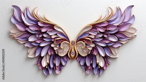 Minimalistic Art Of Purple And Gold Feathered Wings On White Background © Image Lounge
