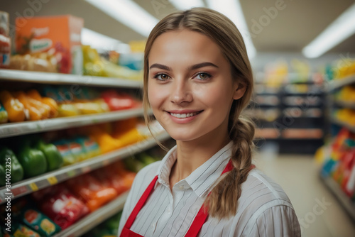 Welcoming Grocery Store Clerk Smiles While Standing Near Colorful Vegetable Section