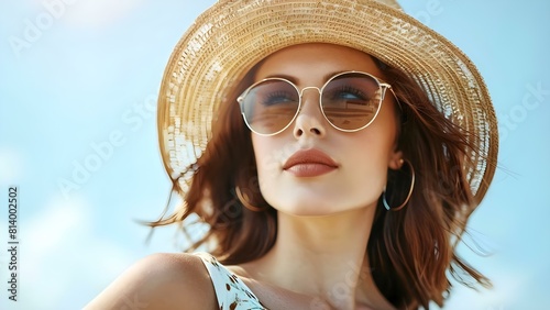 Chic woman in straw hat and sunglasses enjoying sunny weather outdoors. Concept Fashion, Summer Style, Accessories, Outfit Inspiration, Outdoor Lifestyle