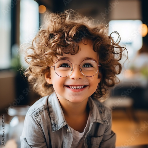Portrait of Happy Smile Handsome Little Boy with Eye Glasses Sitting At Home in Room On Blurry Background © Image Lounge