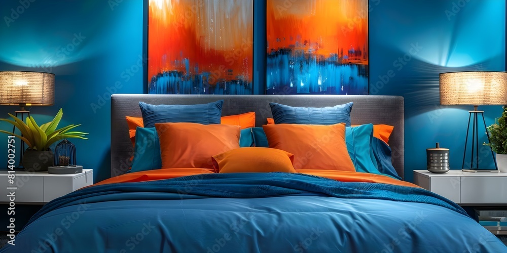 Modern bedroom design featuring a chic blue and orange color palette