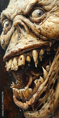 Close-up of a fantastical creature with multiple eyes and sharp teeth