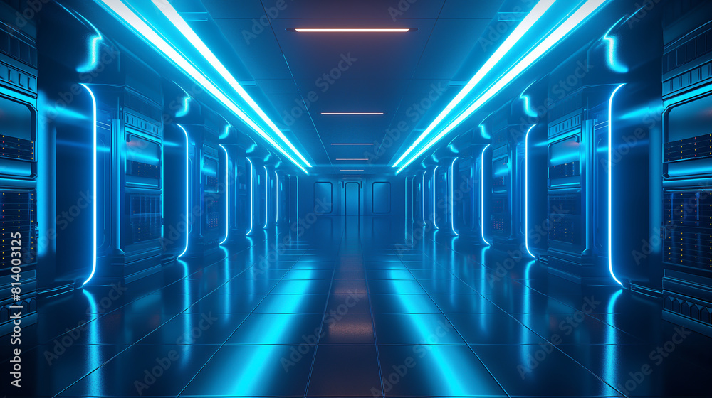 The image is a long, futuristic corridor with blue and pink neon lights. The floor is made of metal and the walls are made of glass. The image is a long, futuristic corridor with blue and pink neon lights. The floor is made of metal and the walls are made of glass.