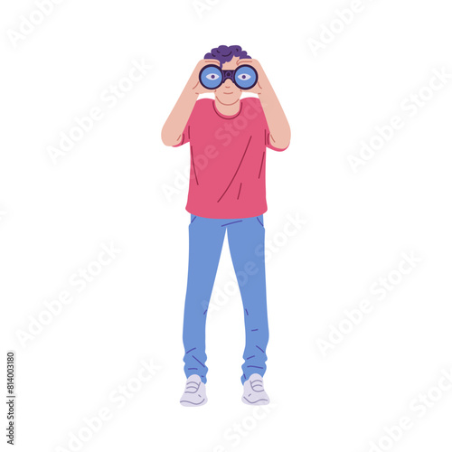 A vector illustration of a man looking through binoculars is isolated on a white background.