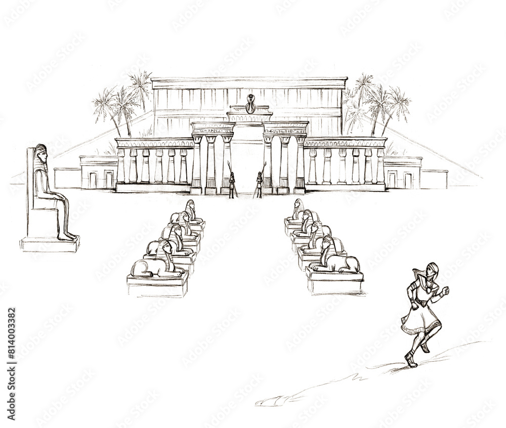 Fototapeta premium Pencil drawing. Moses flees from Egypt