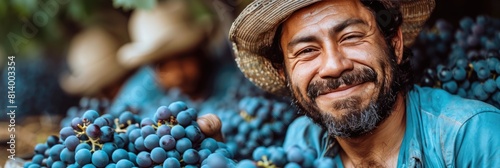 A happy man with a beard, wearing a sun hat, holding seedless grapes and smiling photo