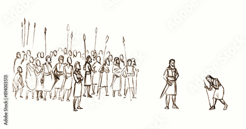 Pencil drawing. The army watches the meeting of Jacob and Esau photo