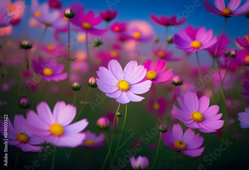 A pink and purple cosmos flowers garden in the night  sky